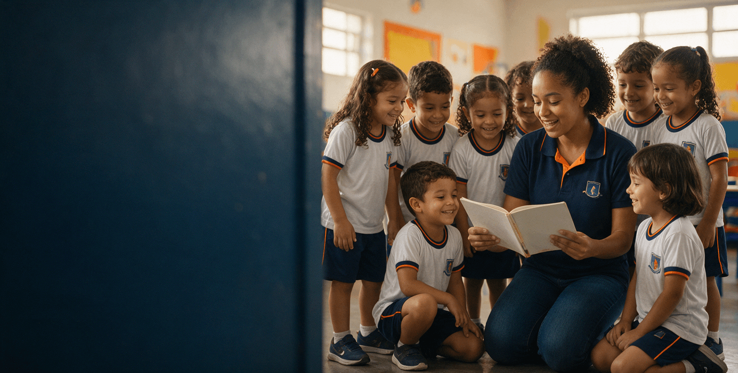 Professora de uniforme lendo um livro para alunos fardados em uma sala de aula